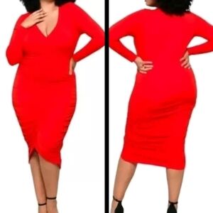 11 Honore Red Bodycom Ruched Midi Valentine's Dress‎ size 1